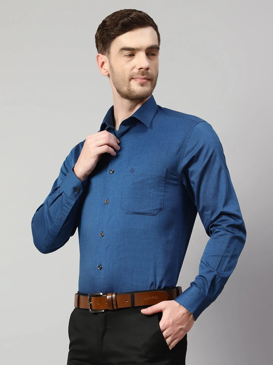 Men's Blue Formal Fil a Fil Plain Full Sleeve Shirt