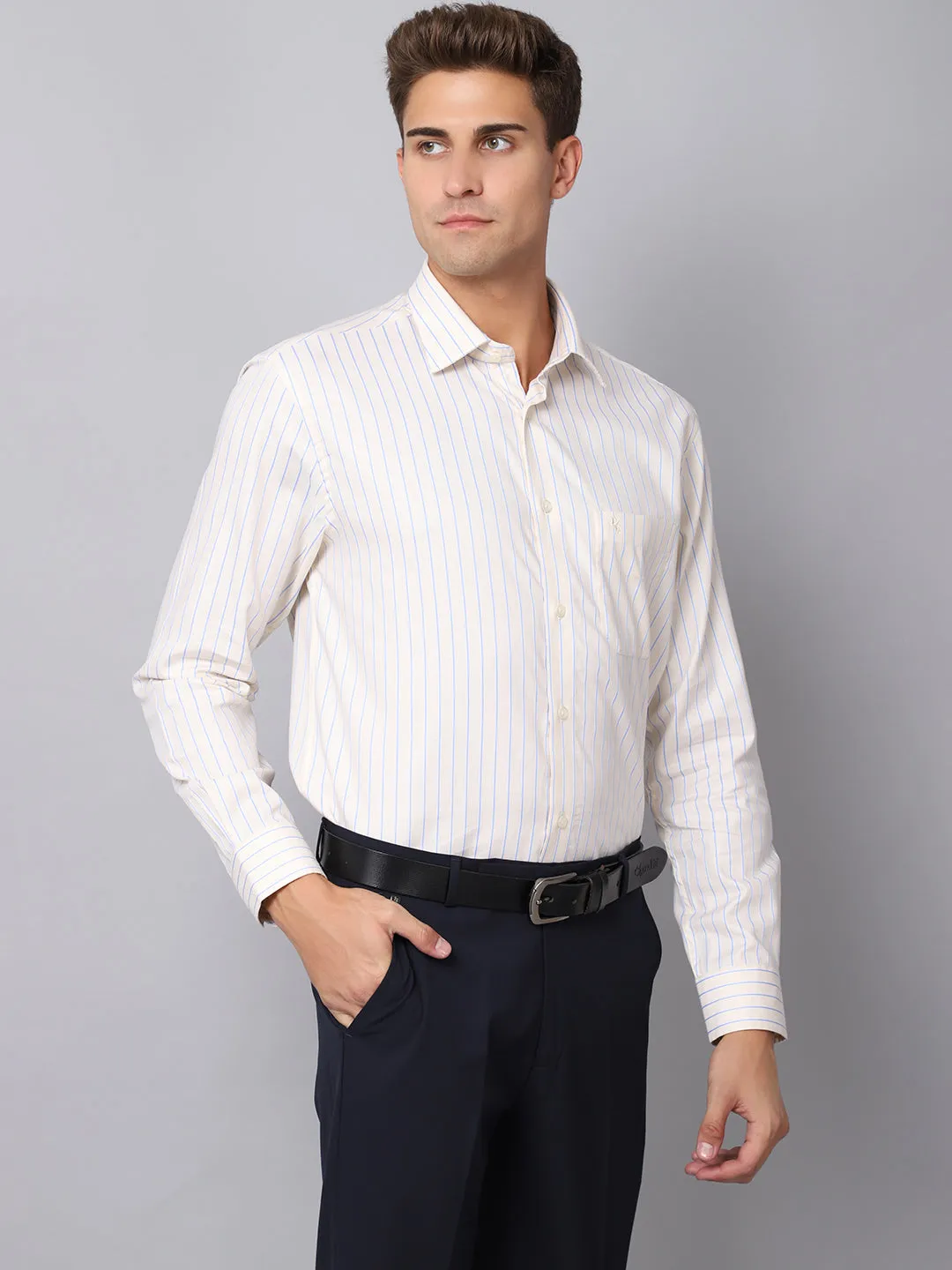 Men's Light Yellow Formal Thin Stripe Full Sleeve Shirt