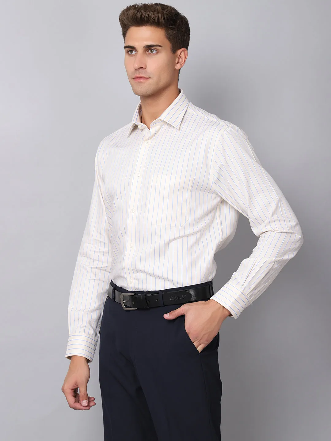 Men's Light Yellow Formal Thin Stripe Full Sleeve Shirt