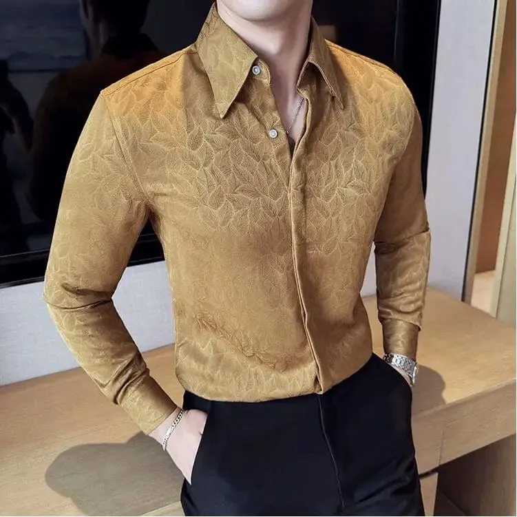 Men's Luxury Jacquard Slim Fit Long Sleeve Shirt – High-Quality Hidden Button Formal Business & Party Wear