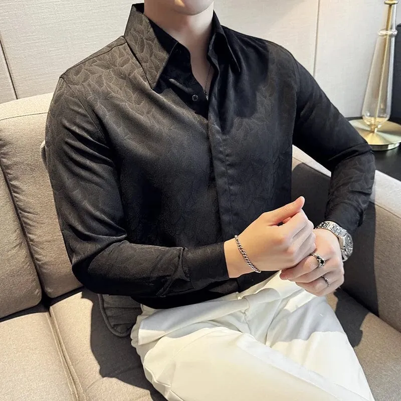 Men's Luxury Jacquard Slim Fit Long Sleeve Shirt – High-Quality Hidden Button Formal Business & Party Wear