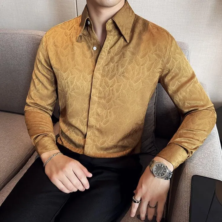 Men's Luxury Jacquard Slim Fit Long Sleeve Shirt – High-Quality Hidden Button Formal Business & Party Wear