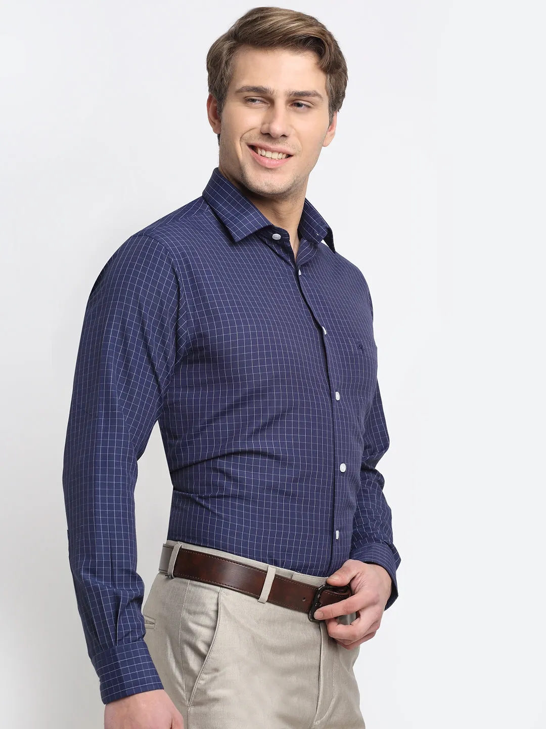 Men's Navy Blue Formal Small Checks Full Sleeve Shirt