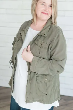 Modest Olive Cargo Jacket | Cinch Waist