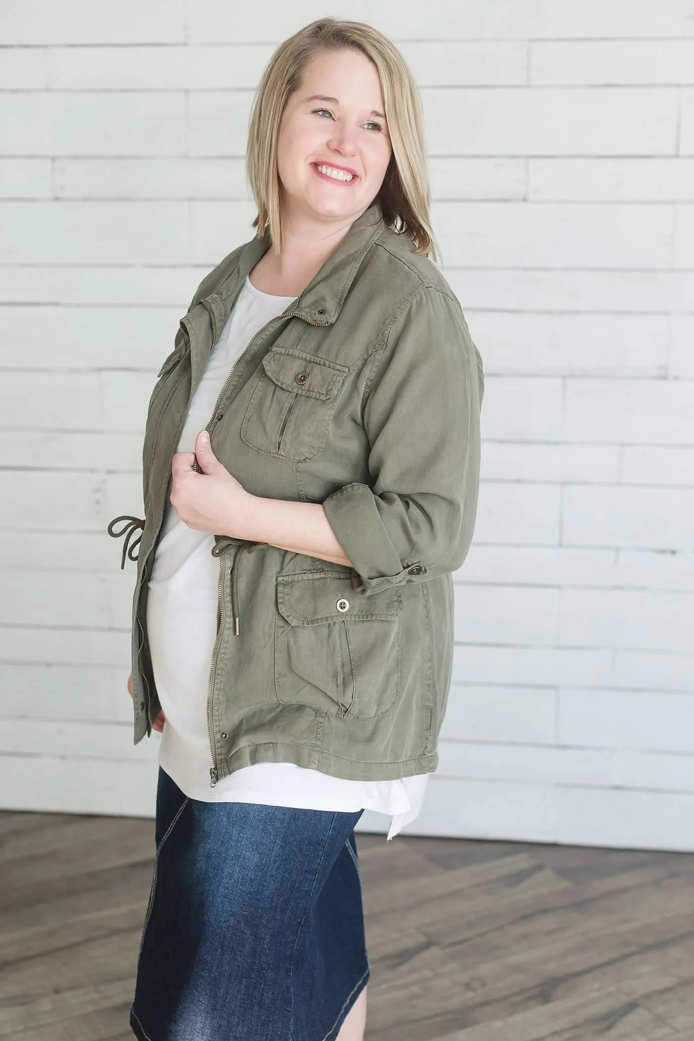 Modest Olive Cargo Jacket | Cinch Waist