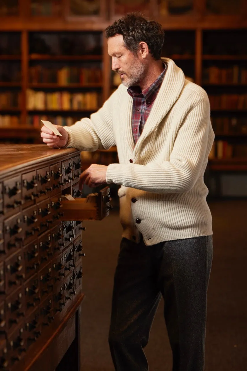 NATURAL CASHMERE SHAWL COLLAR CARDIGAN