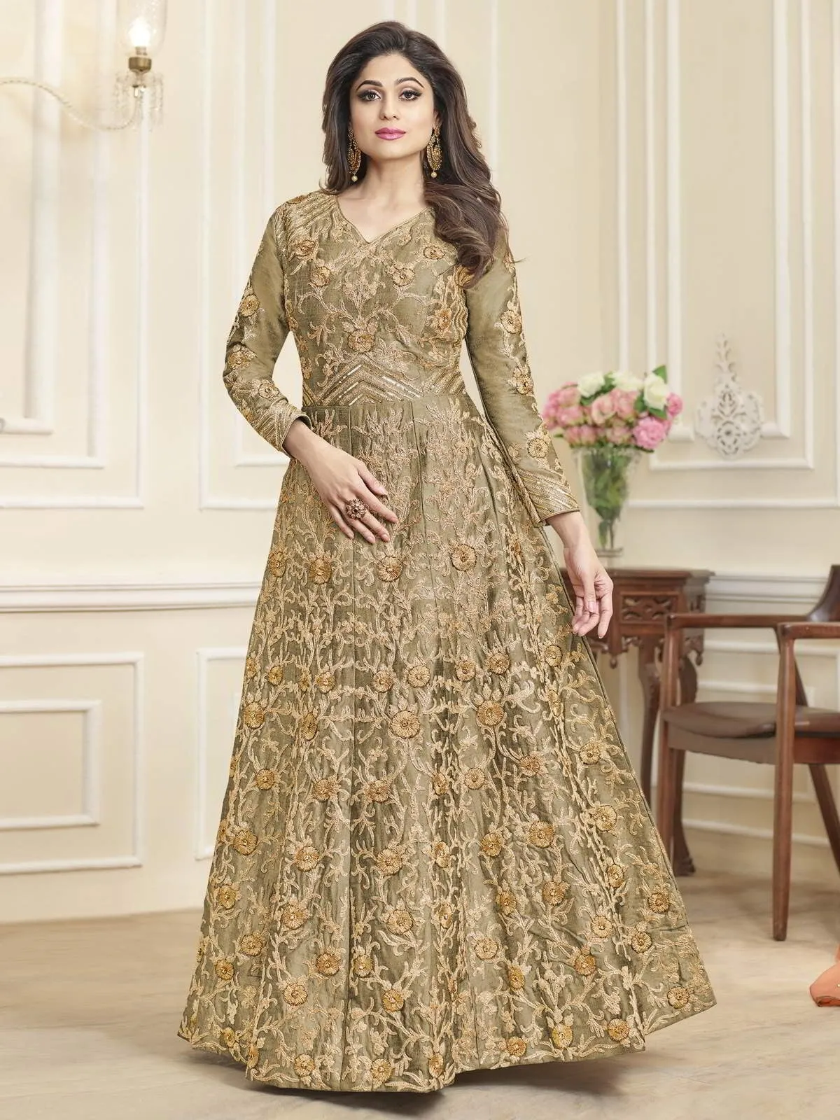 Olive Bridal Style Designer Kaliyaari Anarkali Suit