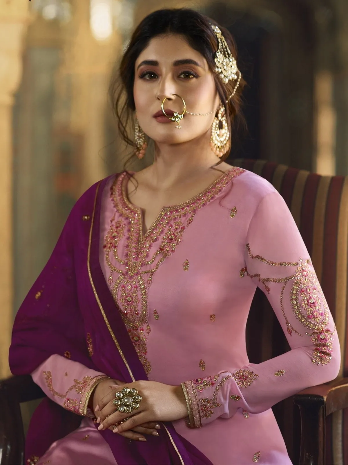 Pink And Purple Ethnic Embroidered Sharara Suit