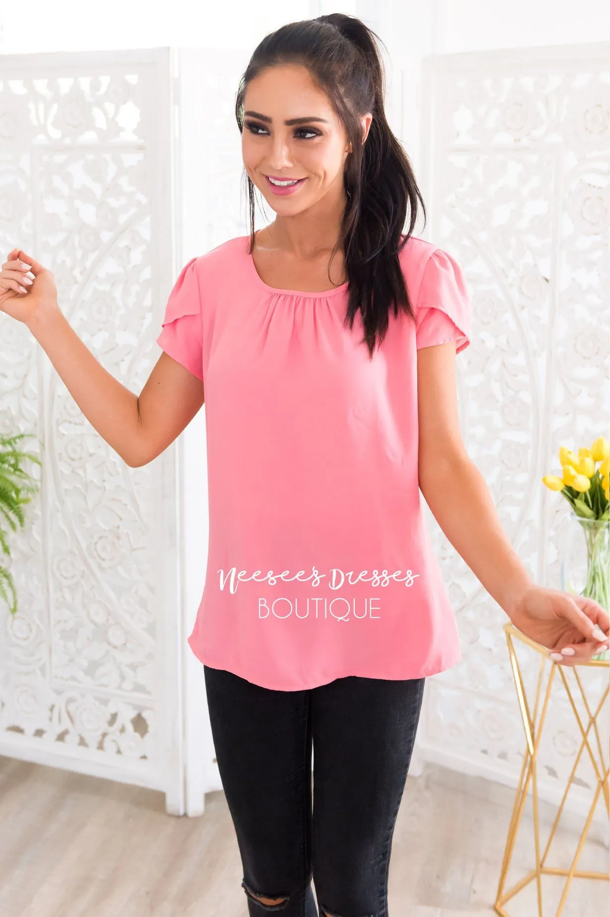 Pink Chiffon Tulip Sleeve Top