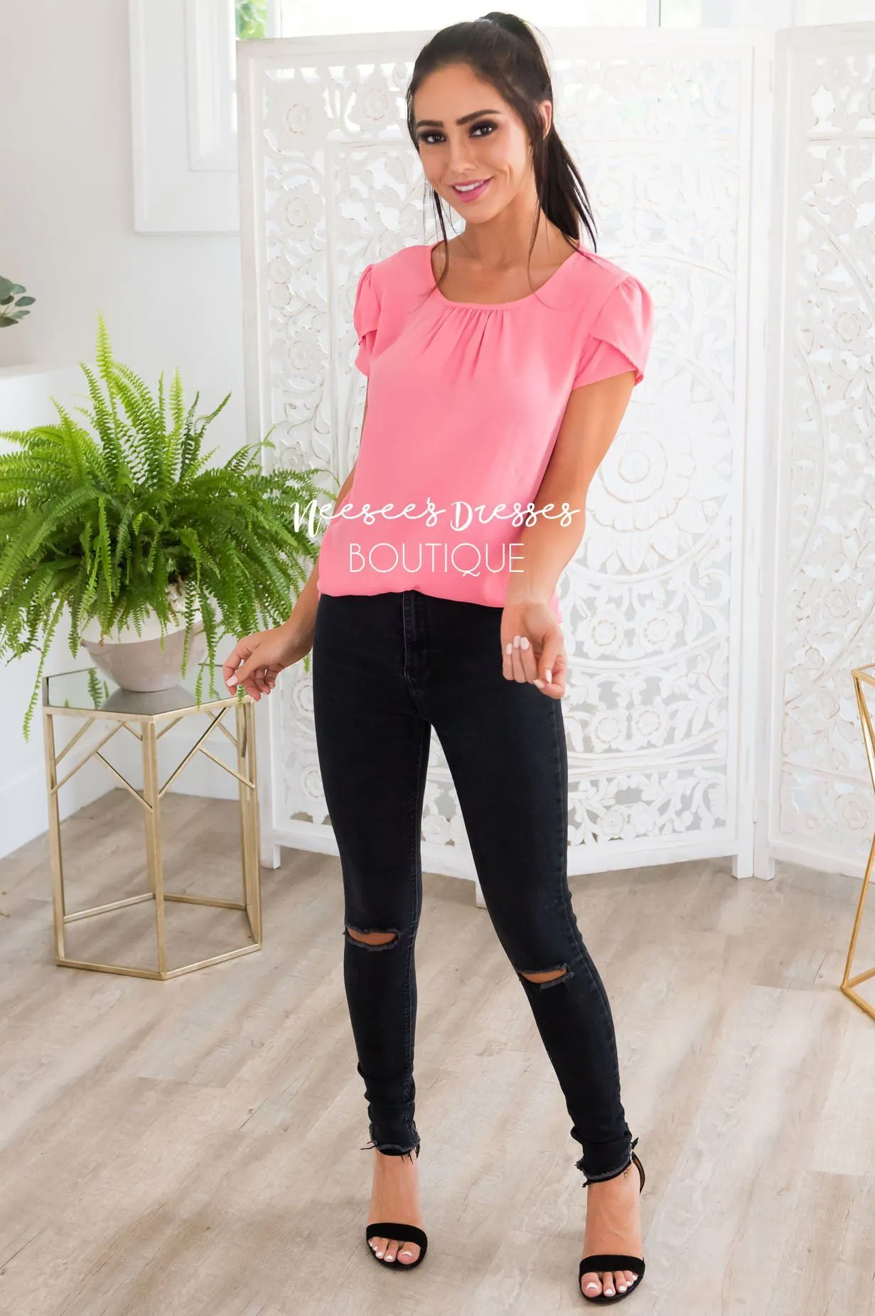 Pink Chiffon Tulip Sleeve Top