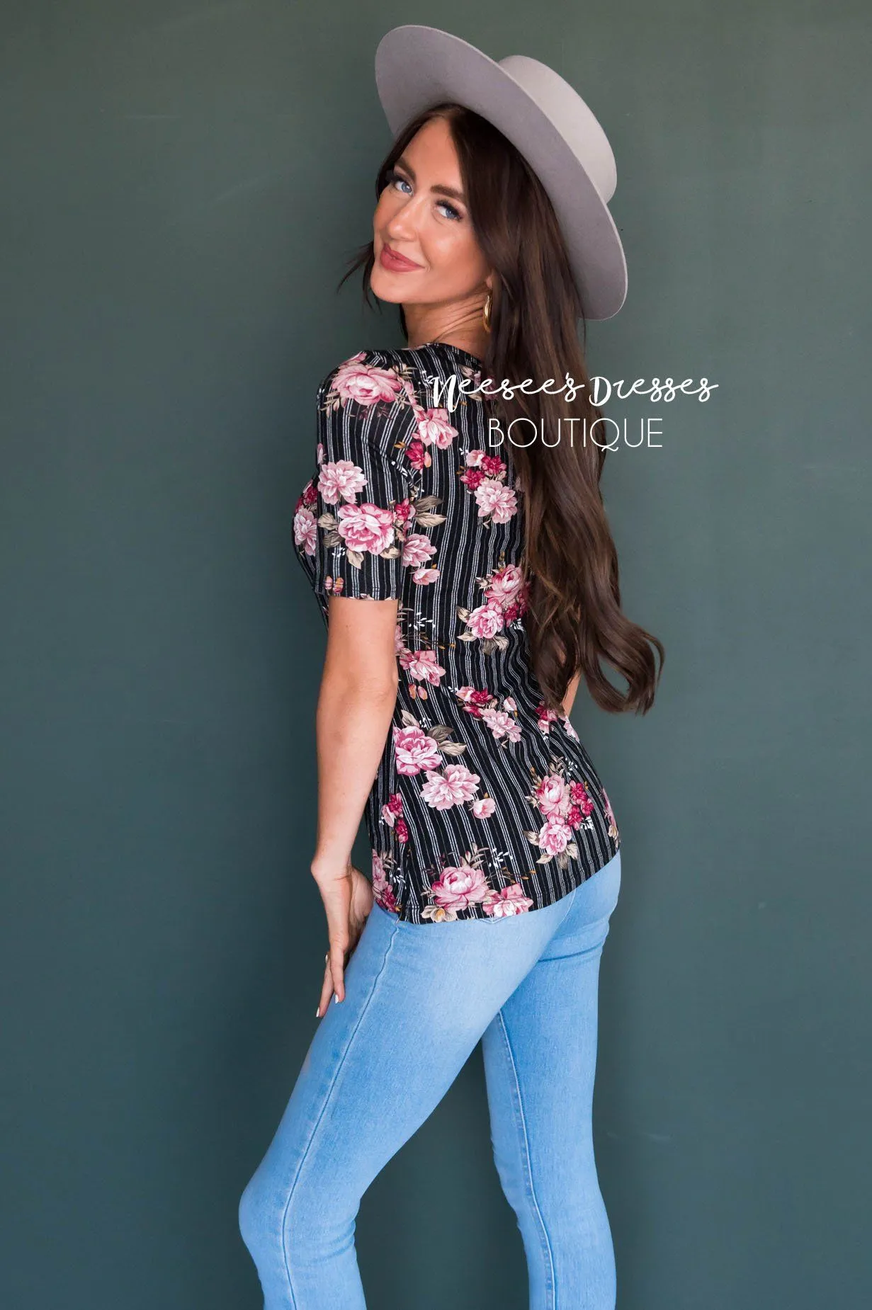 Pinstripe Floral Modest Top