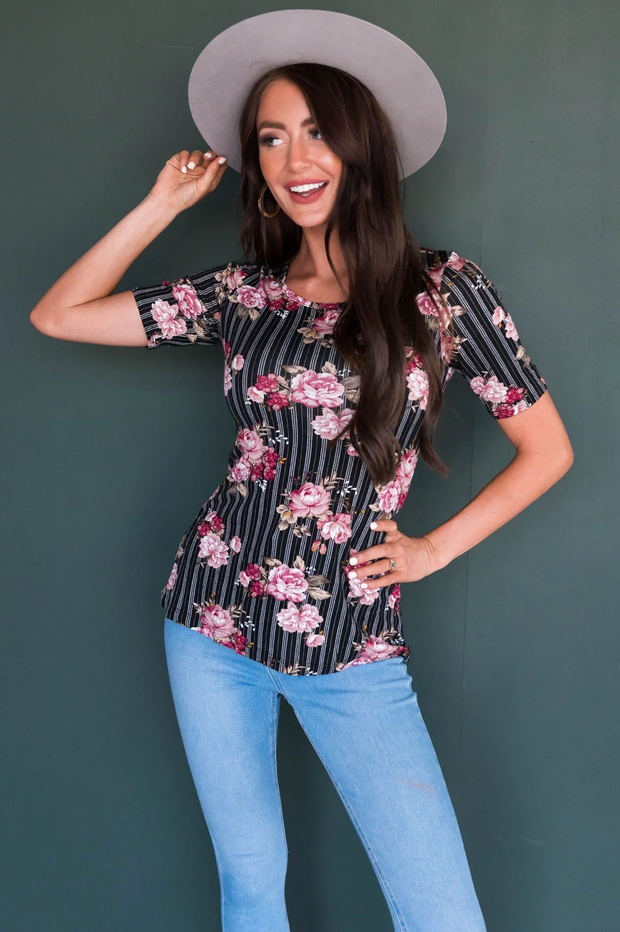 Pinstripe Floral Modest Top