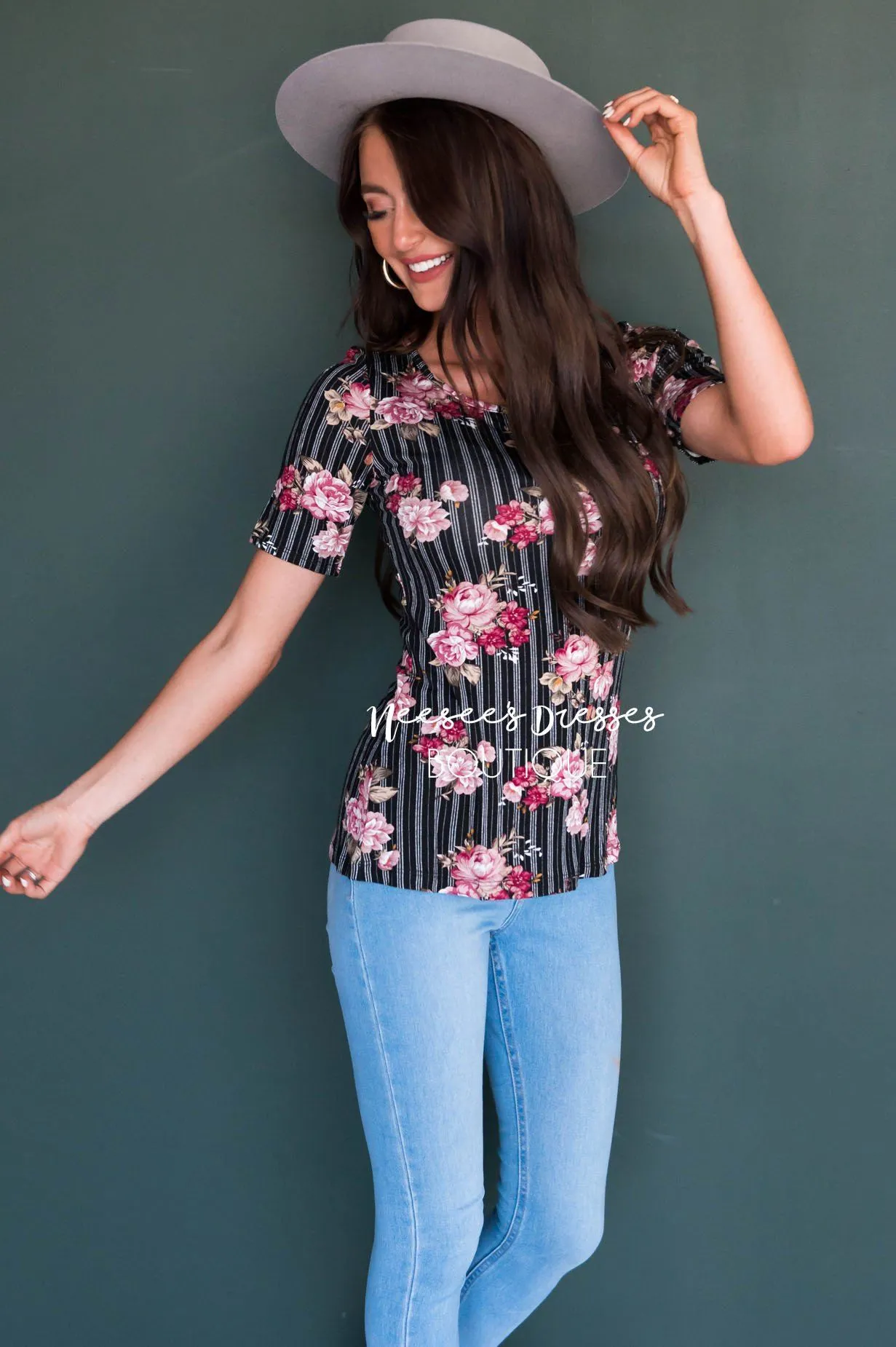 Pinstripe Floral Modest Top