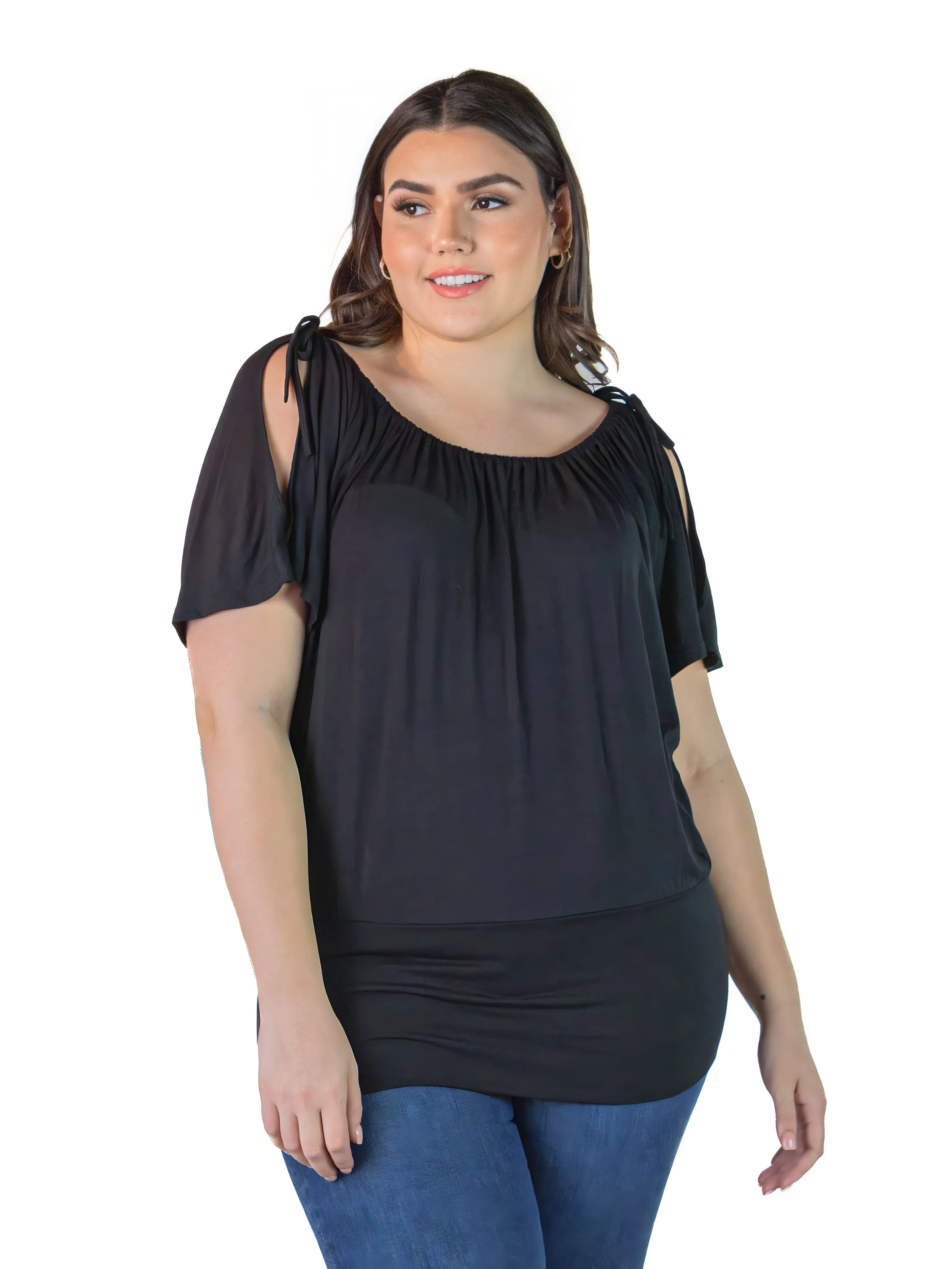 Plus Size Womens Solid Color Short Sleeve Split Shoulder Top