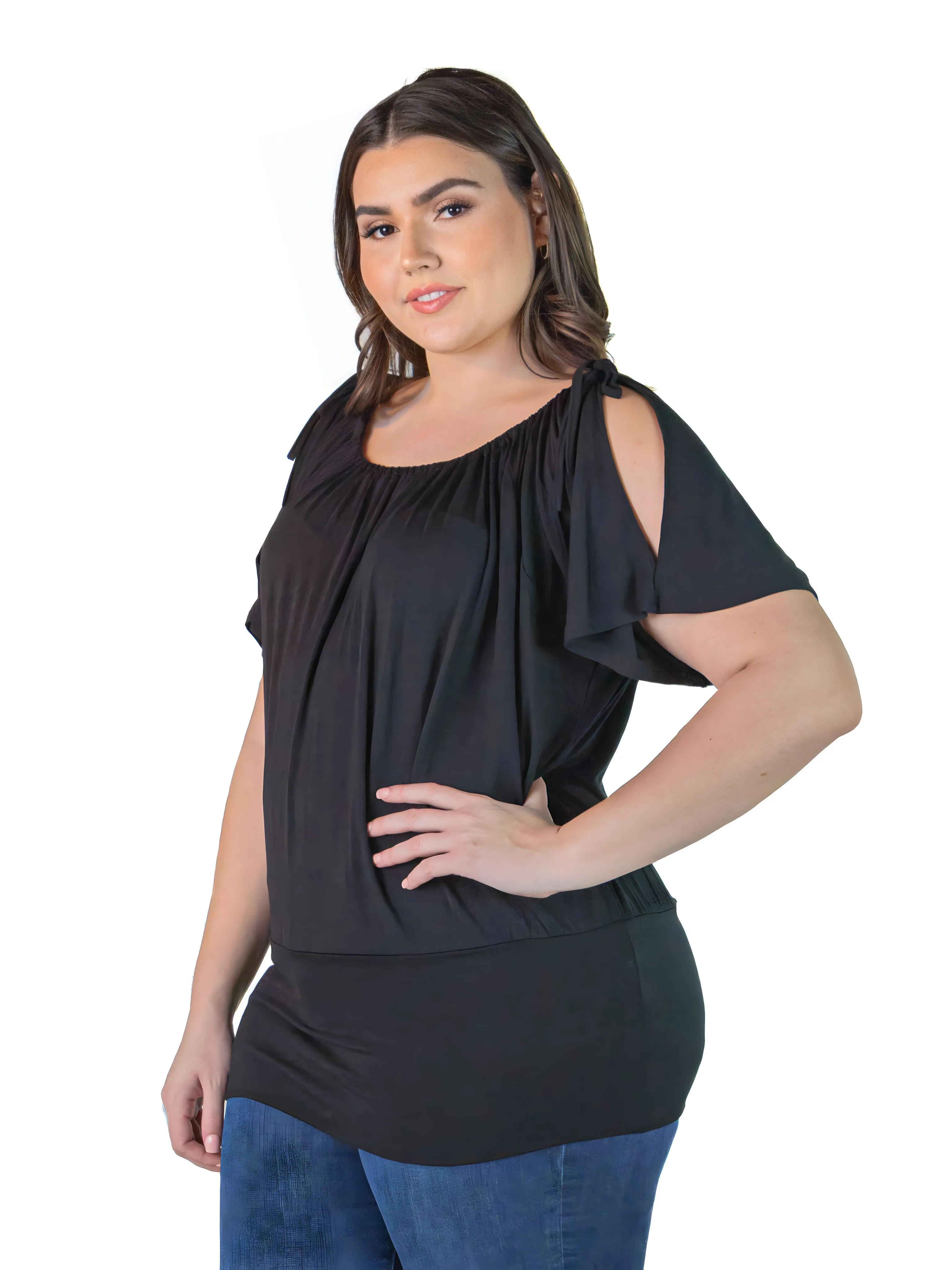 Plus Size Womens Solid Color Short Sleeve Split Shoulder Top