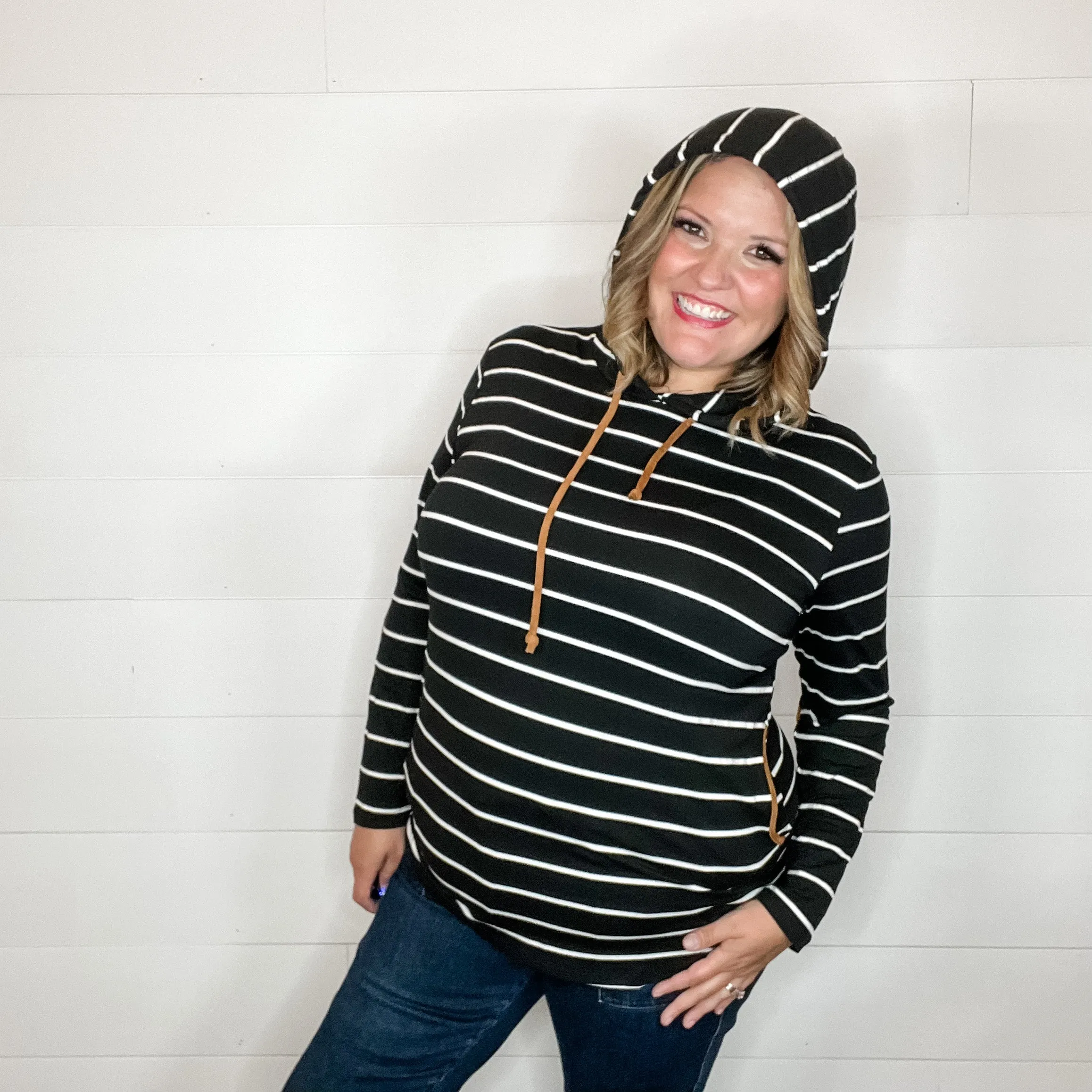 "Libby" Striped Hoodie with Faux Suede Elbow Patches