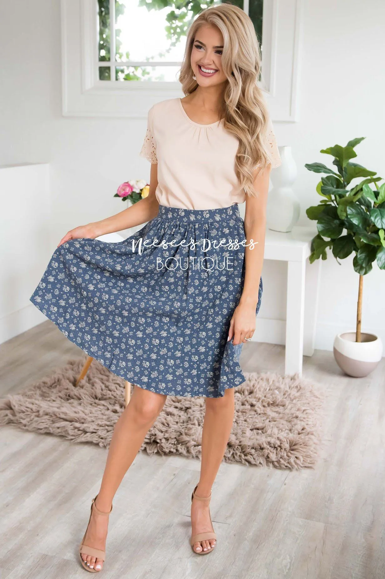 Slate Blue & Cream Modest Textured Skirt