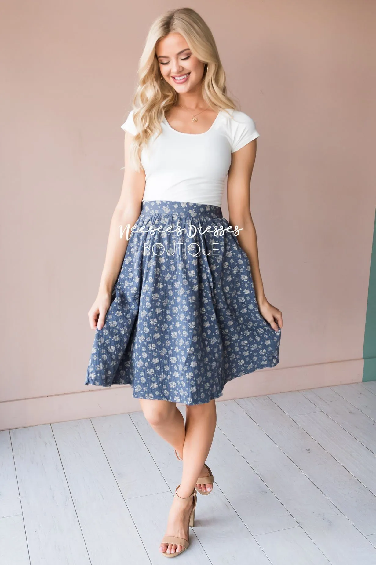 Slate Blue & Cream Modest Textured Skirt