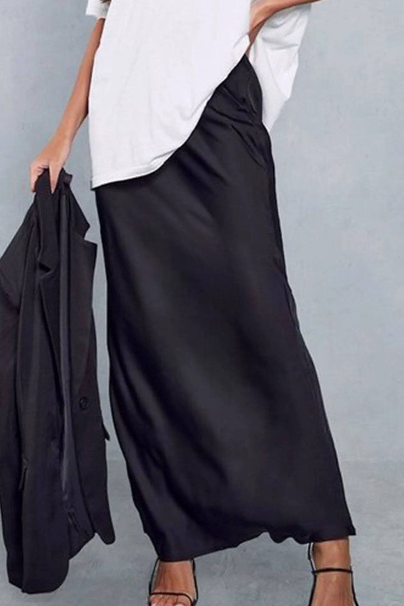 Solid Color Satin Drawstring Midi Skirt