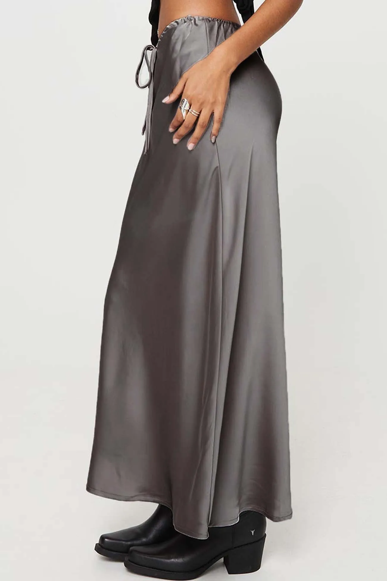 Solid Color Satin Drawstring Midi Skirt