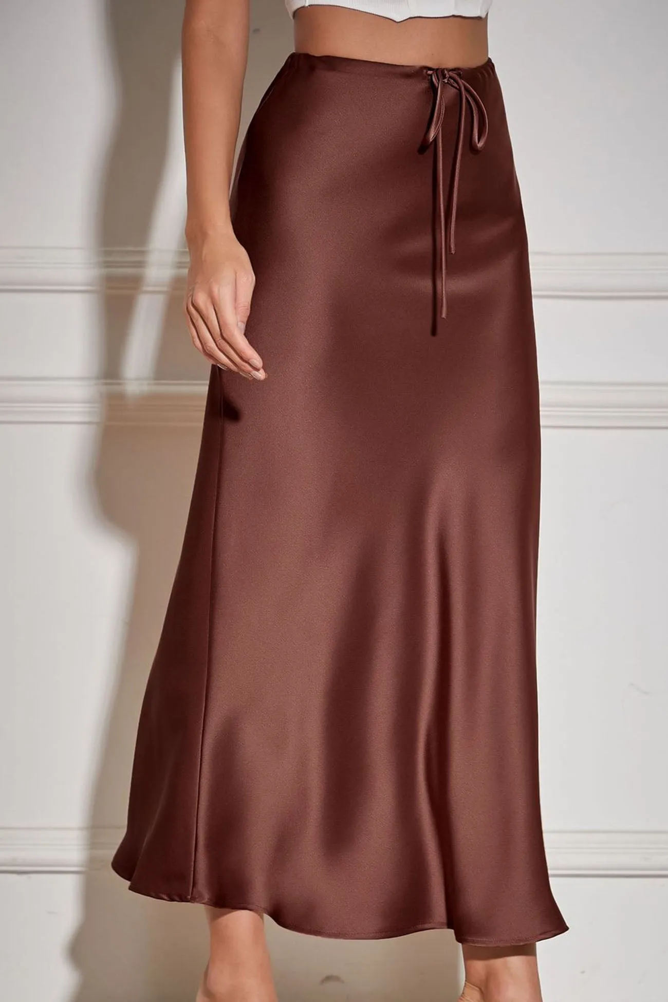 Solid Color Satin Drawstring Midi Skirt