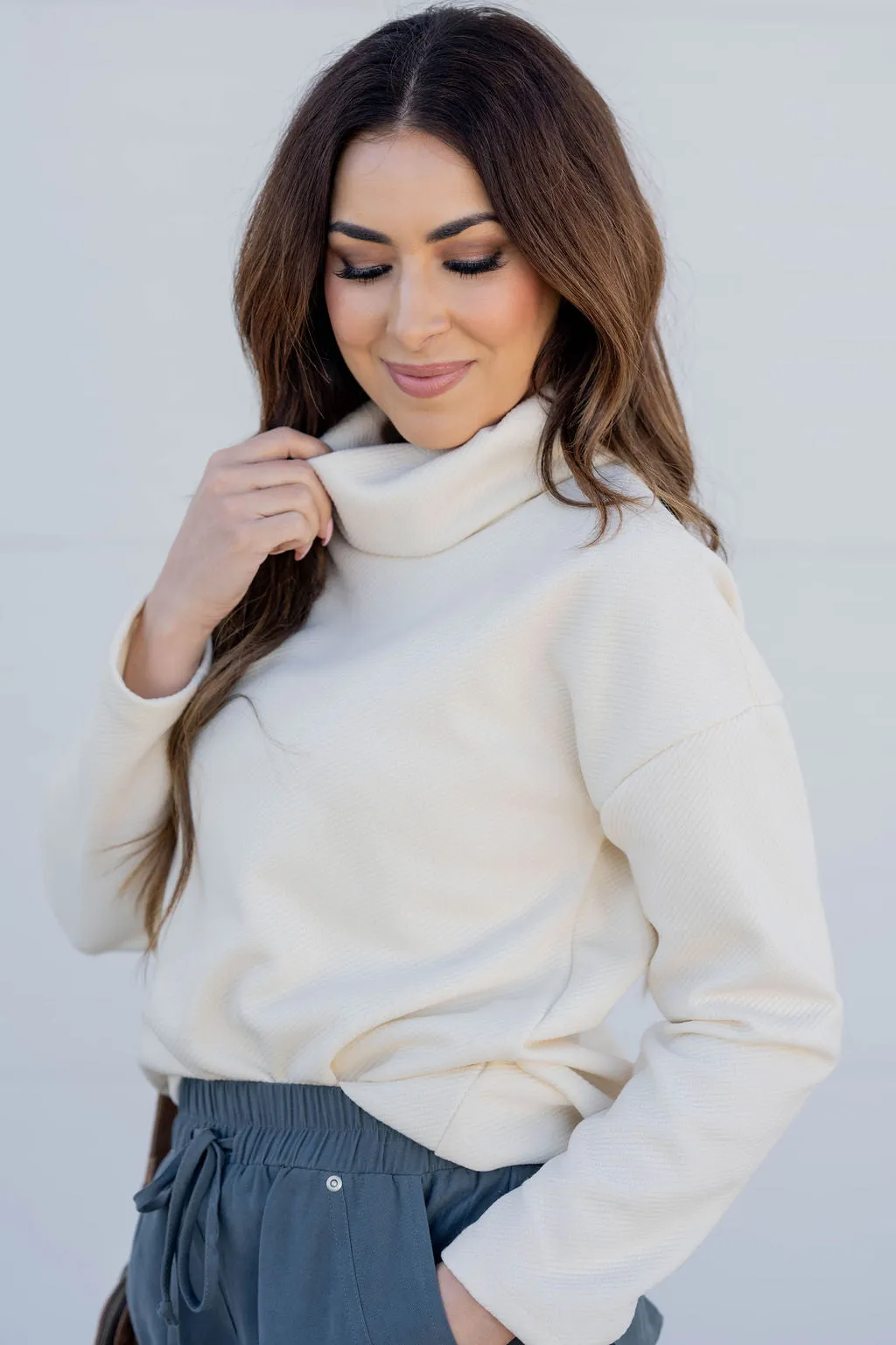 Subtle Textured Cowl Neck Sweatshirt