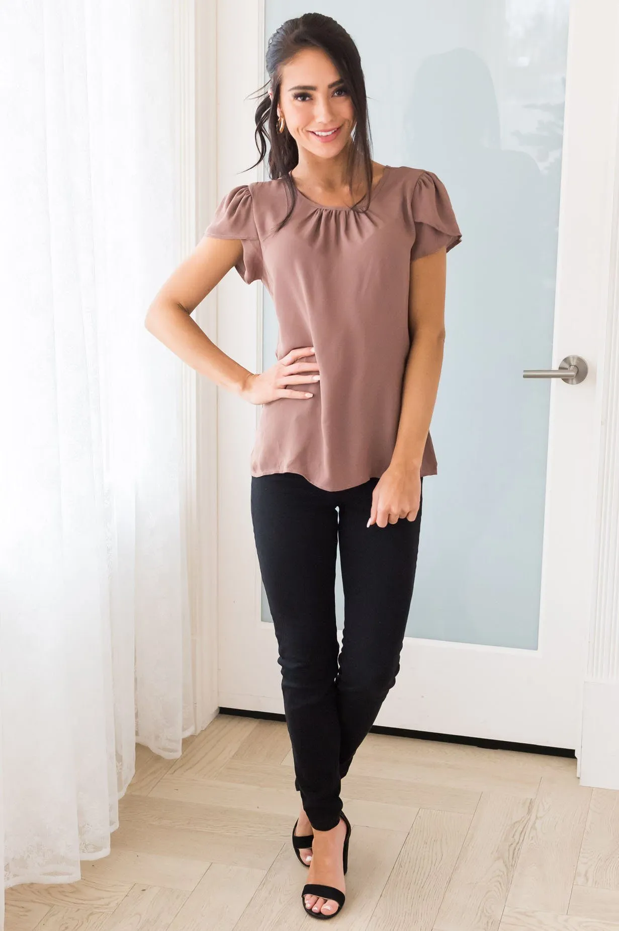 Taupe Chiffon Tulip Sleeve Top