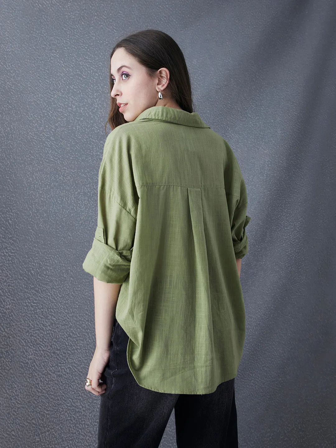 Thrust Relax Fit Street Vibe Cotton Olive Long Sleeve Women Casual Shirt