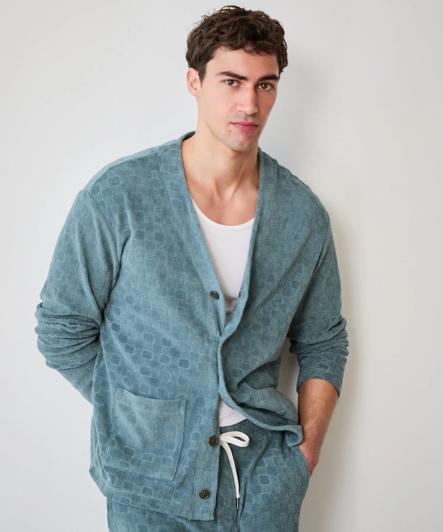 Tile Terry Cardigan in Green Pewter