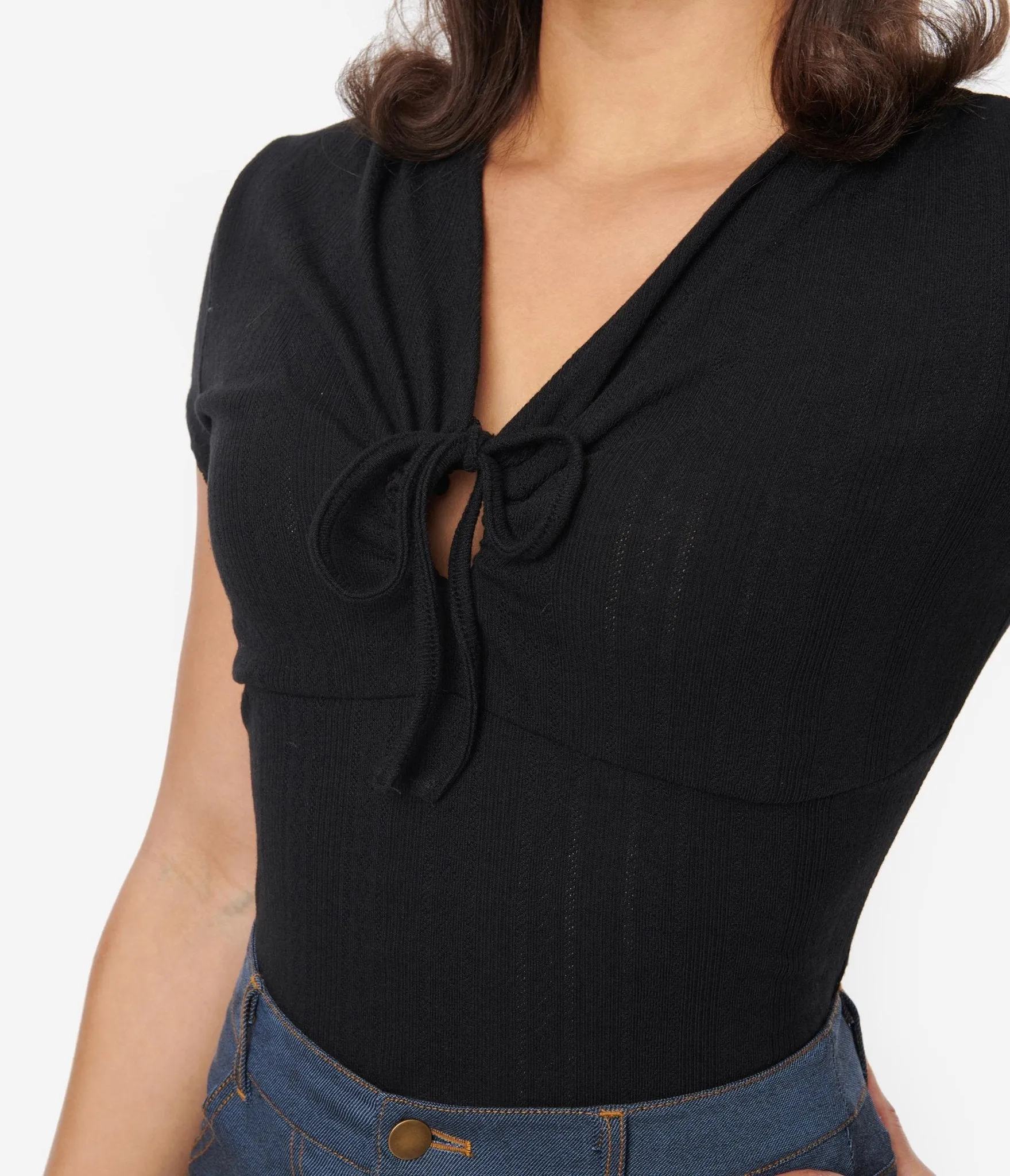 Unique Vintage Black Keyhole Pointelle Knit Top