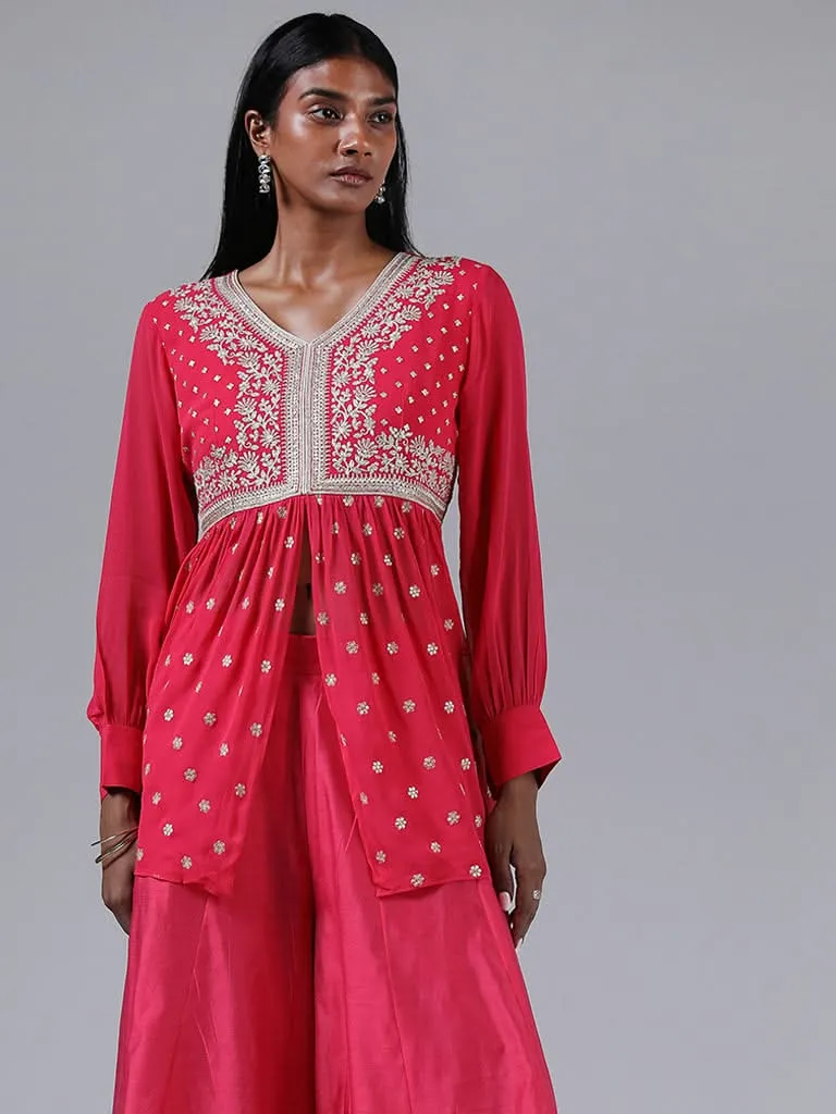 Vark Pink Zari Embroidered Front Slit Kurta & Palazzos Set