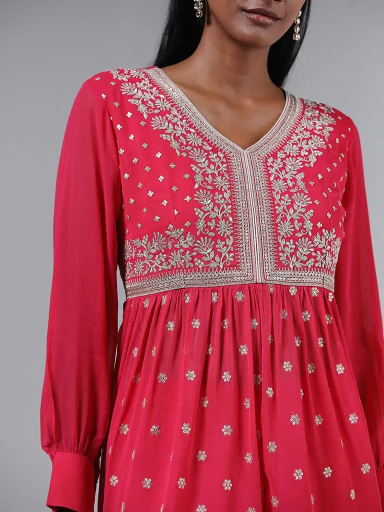 Vark Pink Zari Embroidered Front Slit Kurta & Palazzos Set