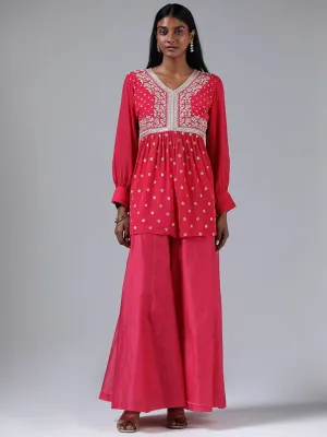 Vark Pink Zari Embroidered Front Slit Kurta & Palazzos Set