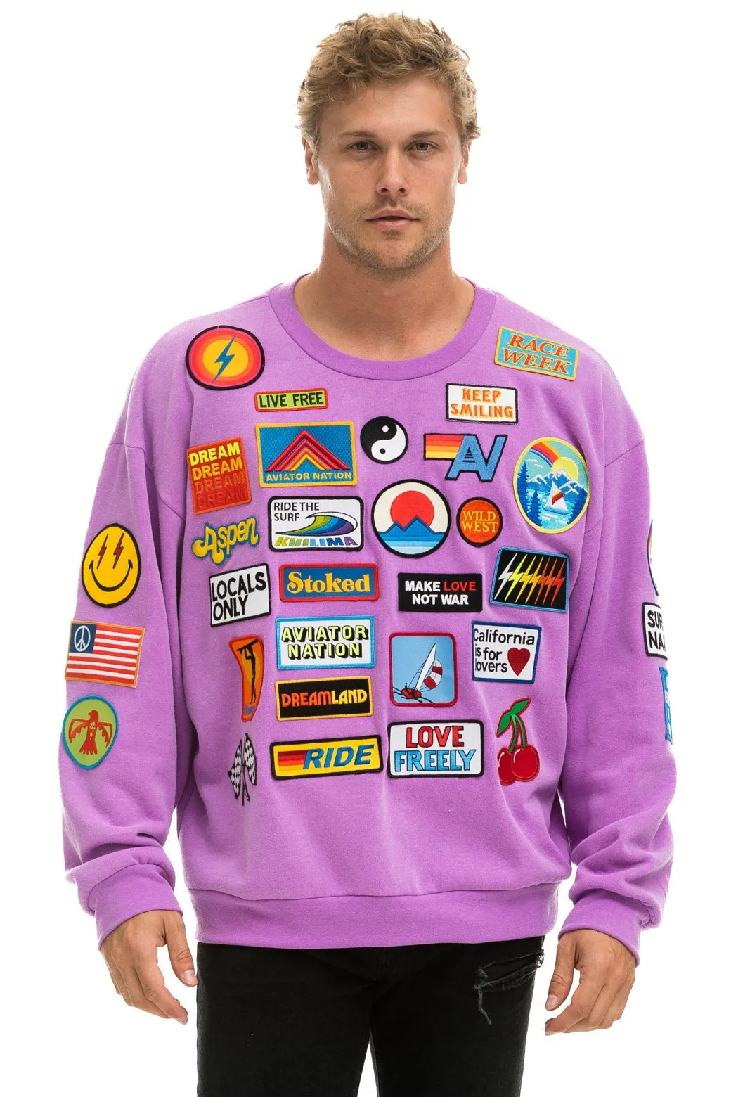 VINTAGE PATCH RELAXED CREW SWEATSHIRT - NEON PURPLE