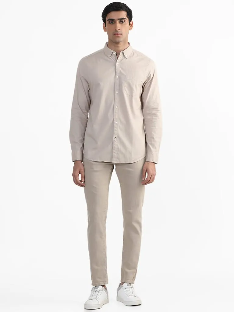 WES Casuals Plain Beige Cotton Slim-Fit Shirt