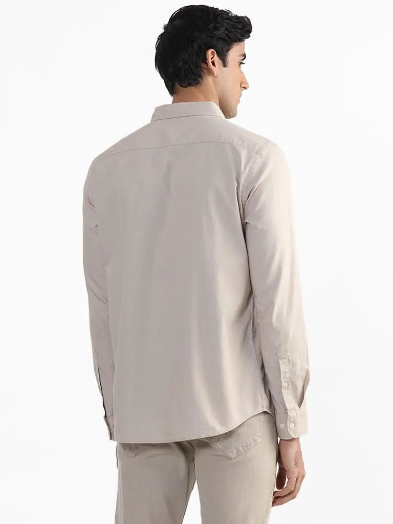 WES Casuals Plain Beige Cotton Slim-Fit Shirt