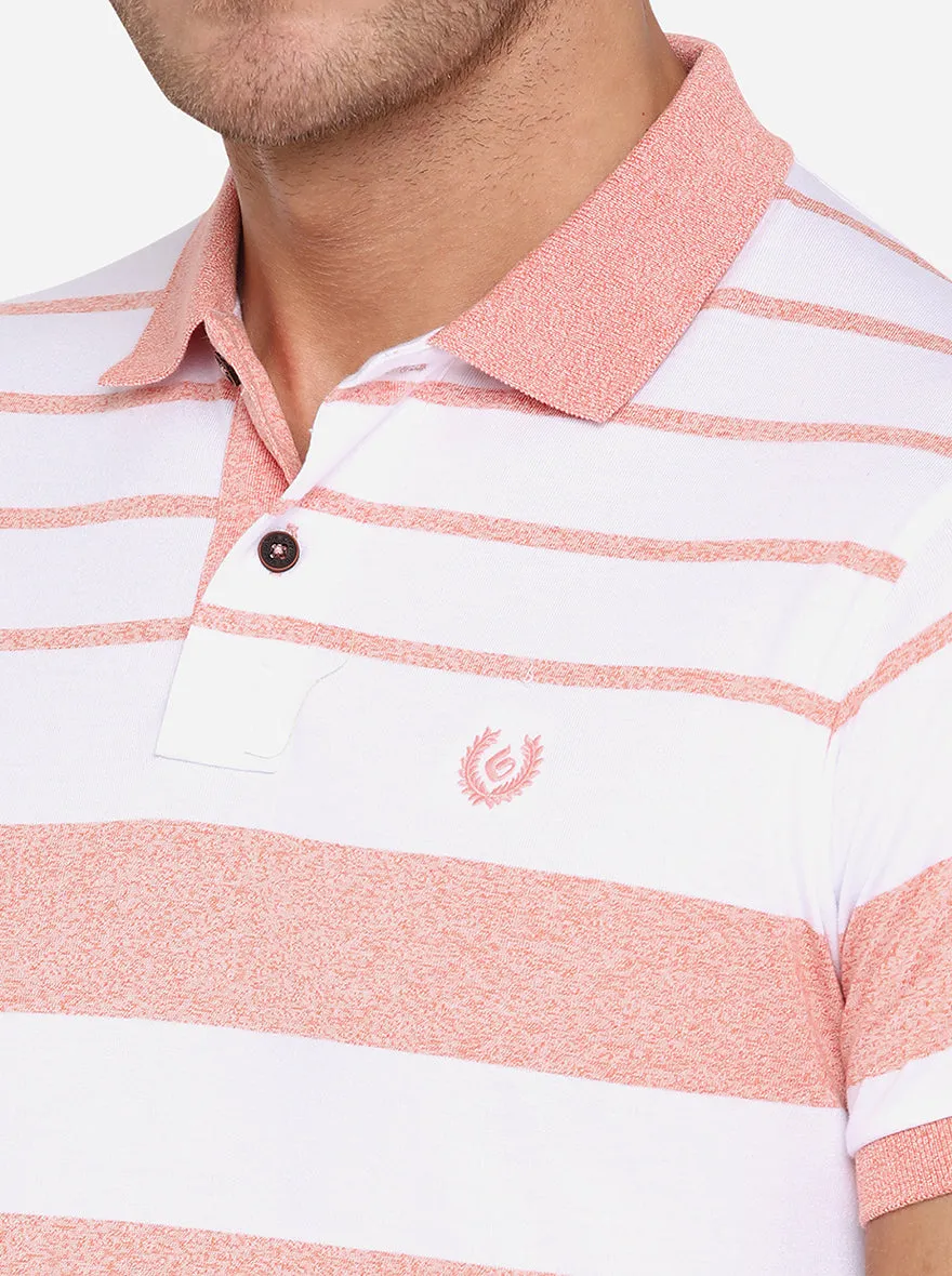 White & Peach Striped Slim Fit Polo T-Shirt | Greenfibre