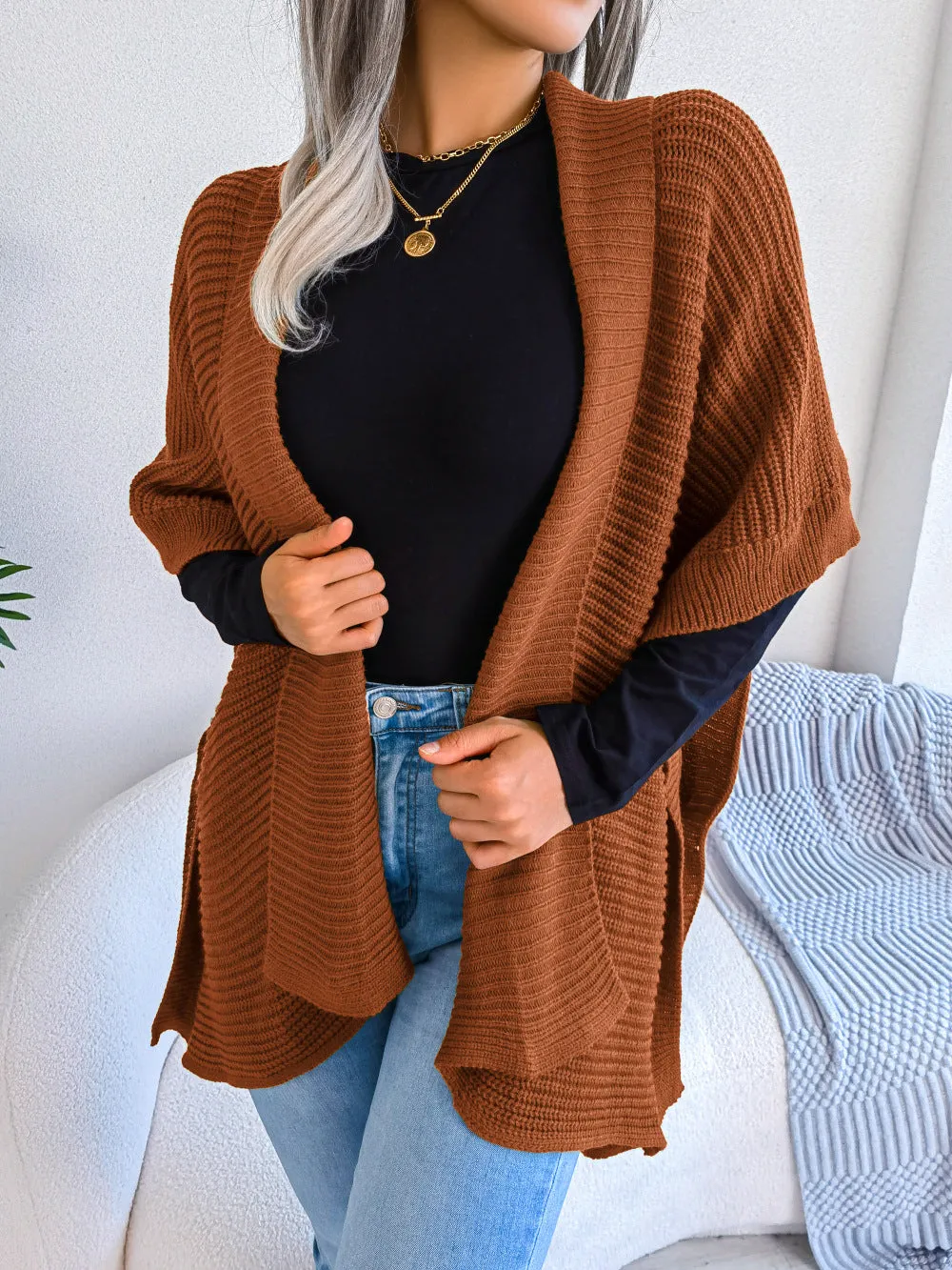 WKND Horizontal Ribbing Open Front Slit Cardigan