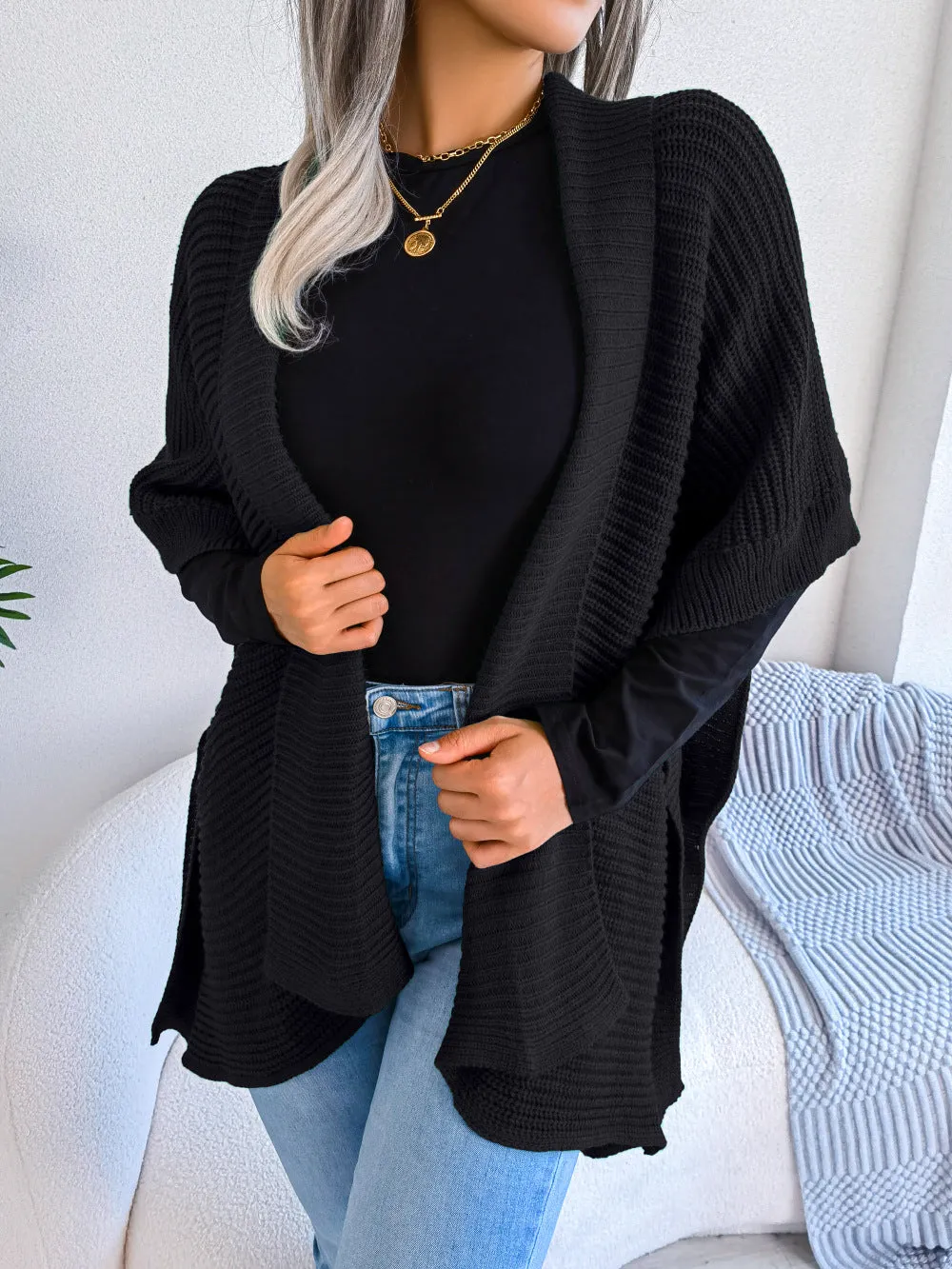 WKND Horizontal Ribbing Open Front Slit Cardigan