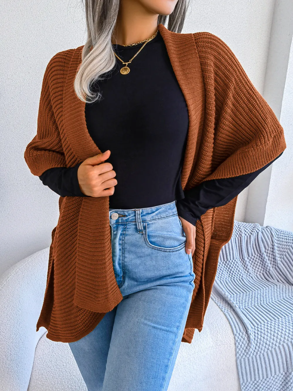 WKND Horizontal Ribbing Open Front Slit Cardigan