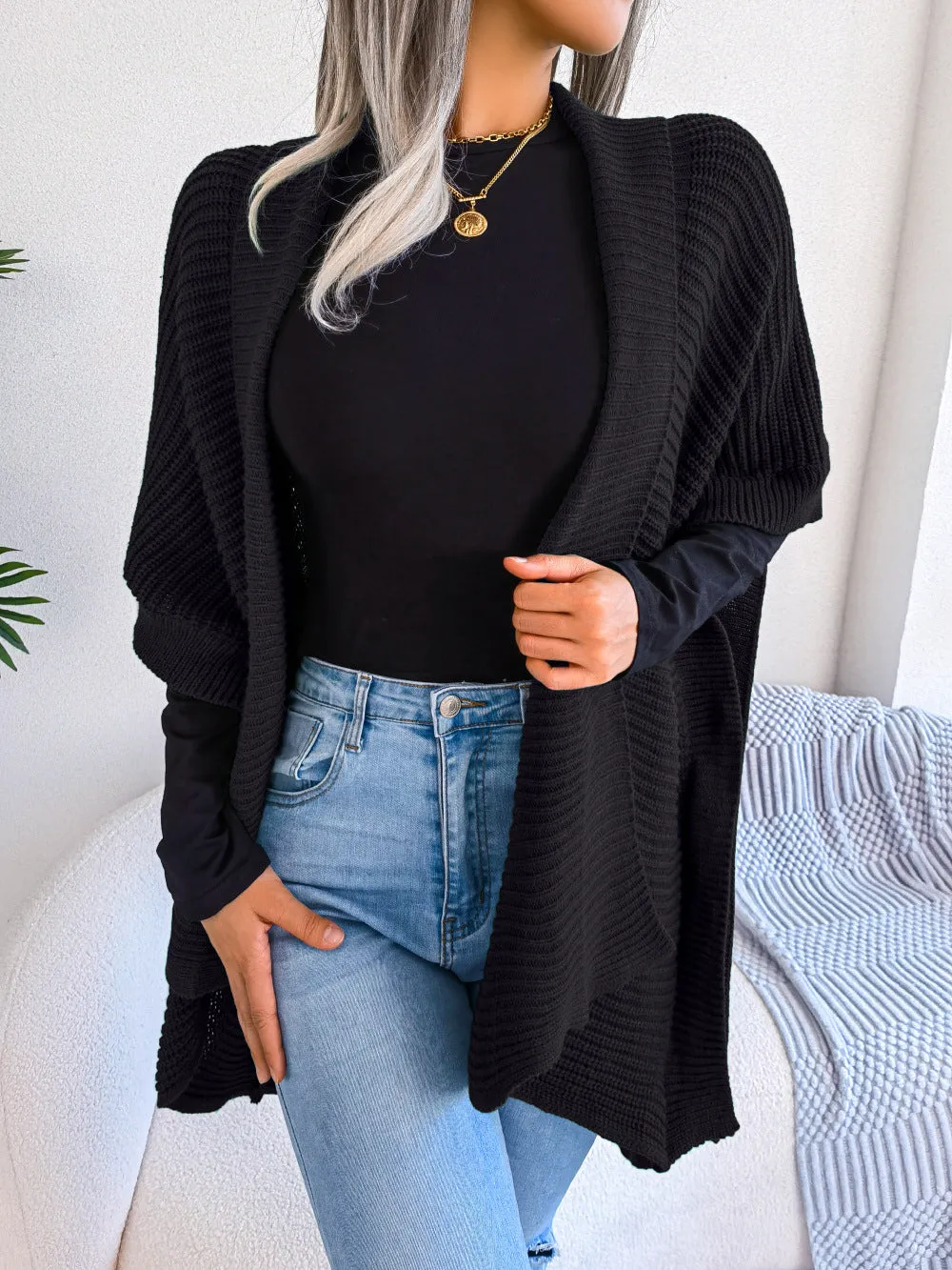 WKND Horizontal Ribbing Open Front Slit Cardigan