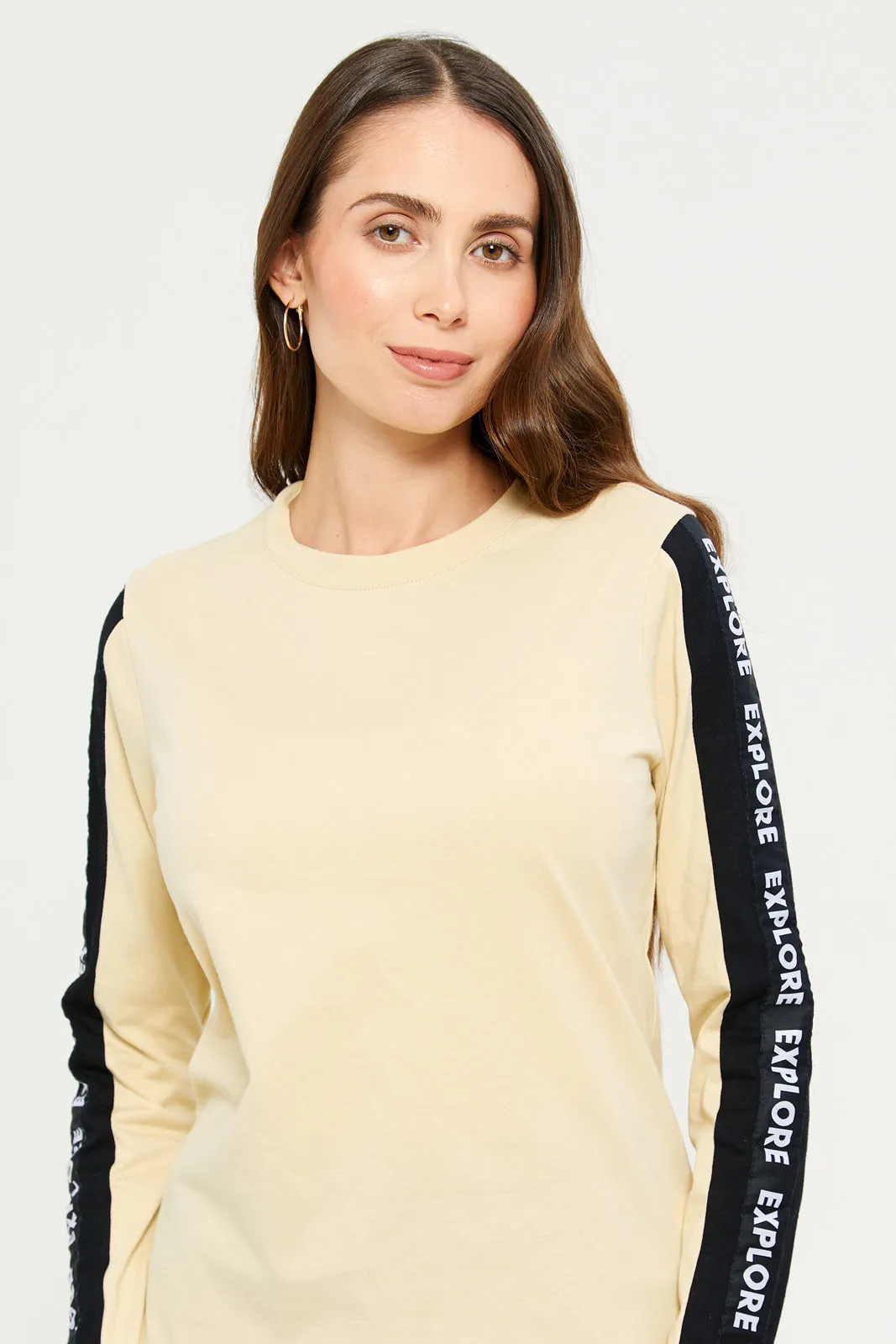 Women Beige Long Sleeves T-shirt