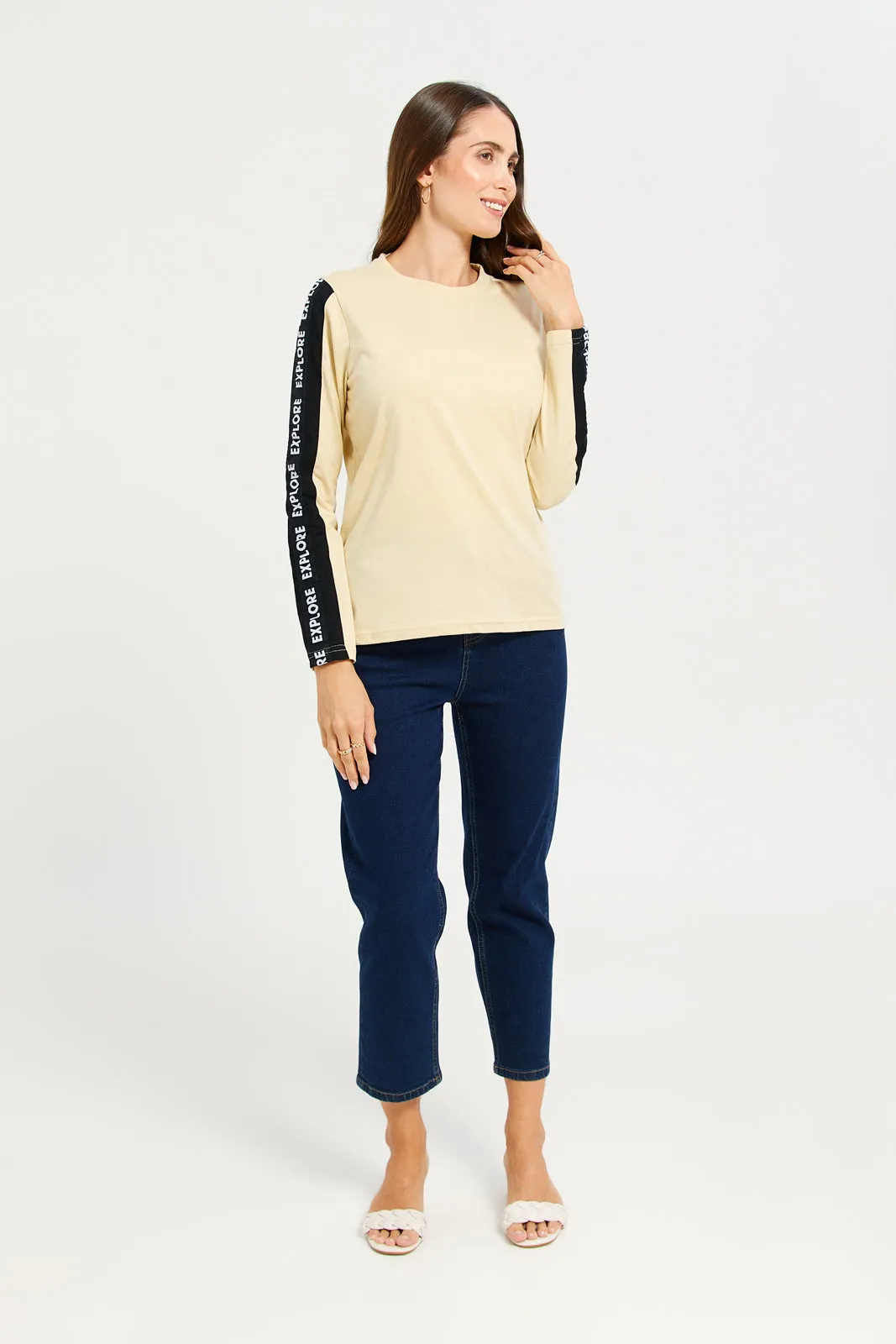 Women Beige Long Sleeves T-shirt