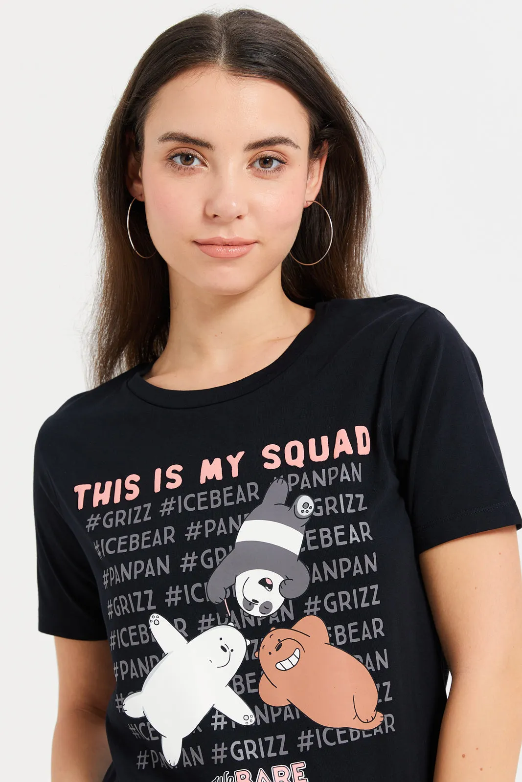 Women Black We Bare Bears Printed T-Shirt