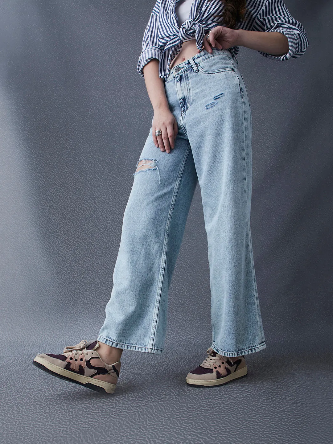 Women Wide Leg Destruction Washed High Waist Cotton Indigo Jeans