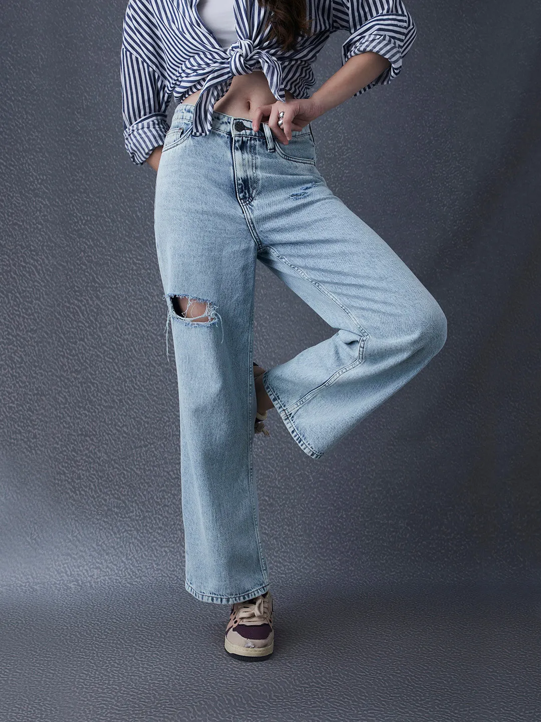 Women Wide Leg Destruction Washed High Waist Cotton Indigo Jeans