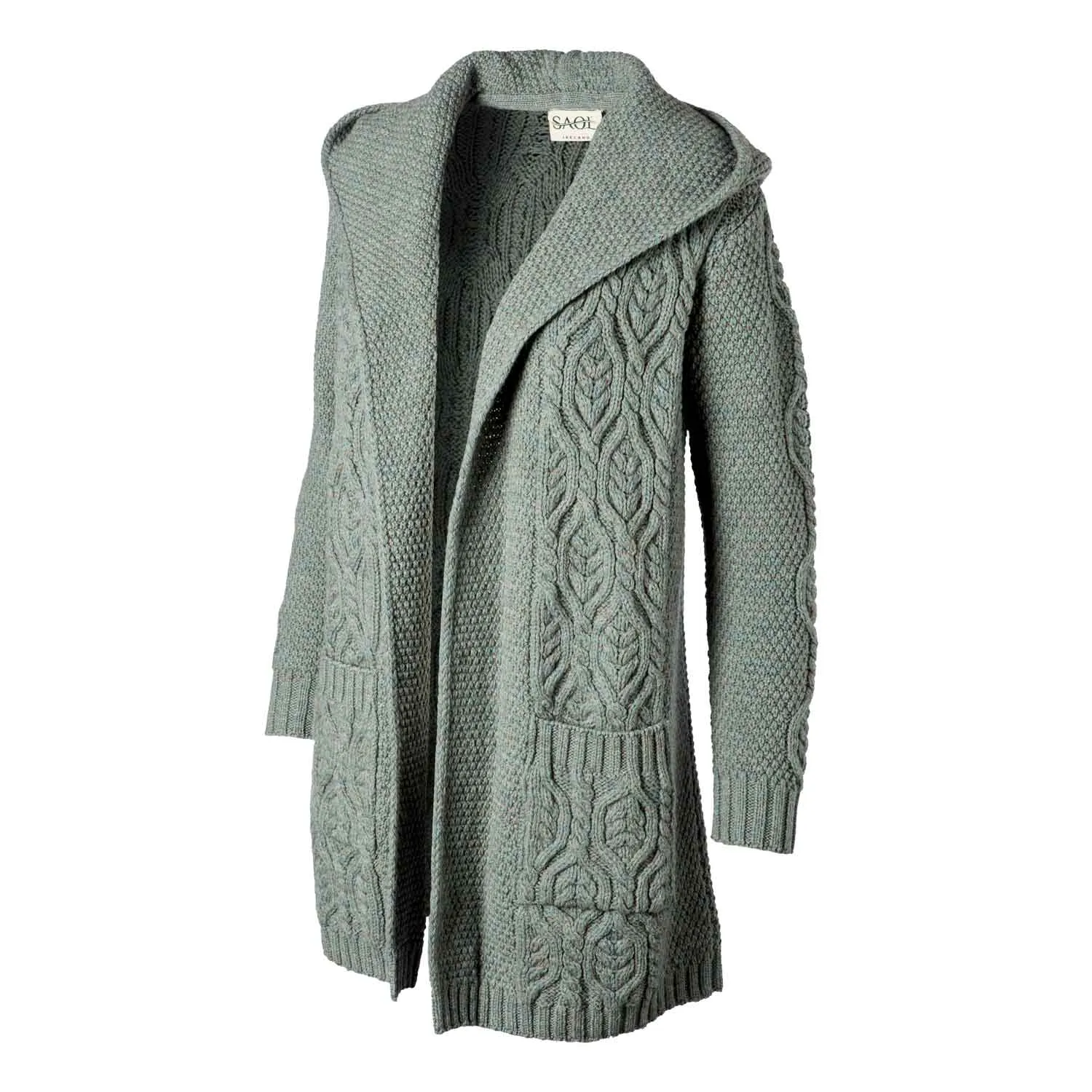 Women's Aran Knit Hooded Long Cardigan, Skylight