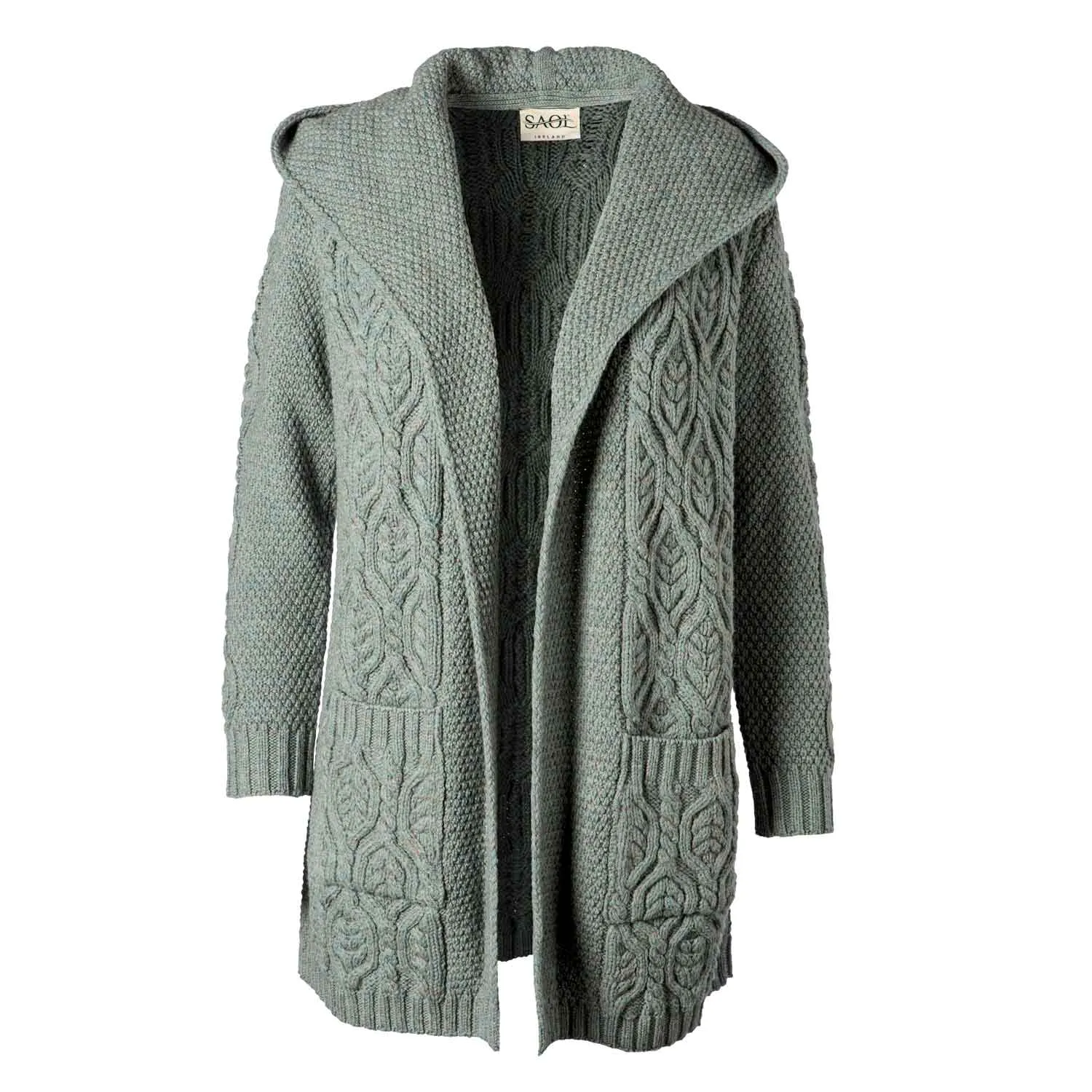 Women's Aran Knit Hooded Long Cardigan, Skylight