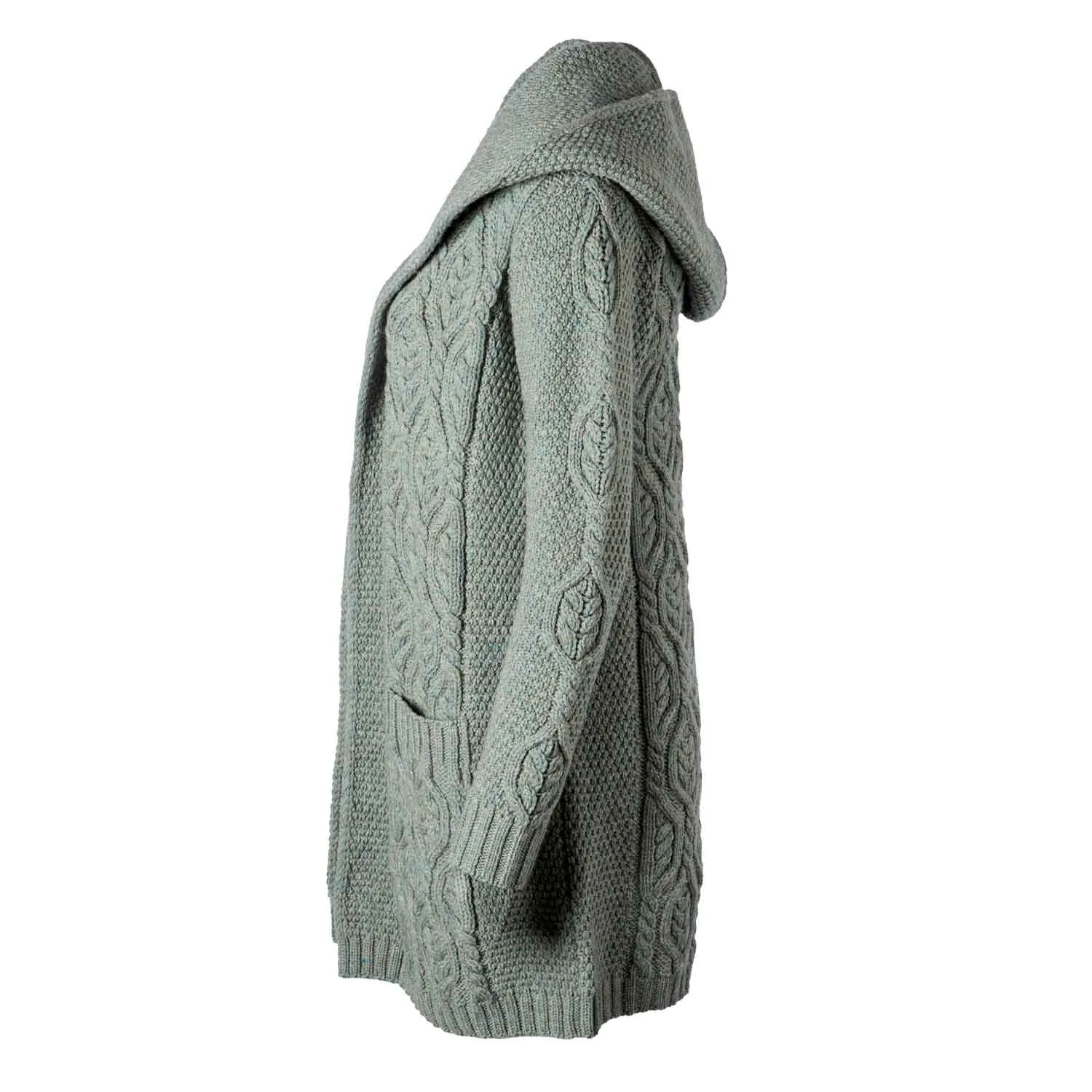 Women's Aran Knit Hooded Long Cardigan, Skylight