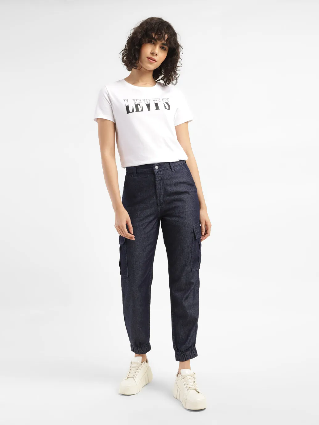 Women's Mid Rise Blue Cargo Trousers